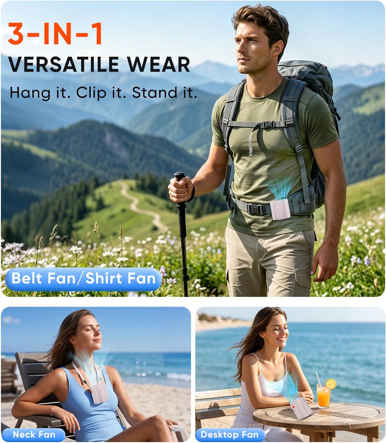 AI Portable Waist Fan, 6-Speed 15,000RPM Strong Turbo Airflow, 30H Cooling Battery Powered Personal Fan Rechargeable, Wearable Hands-Free Shirt/Belt/Body Fan for Travel, Work, Outdoor Off-White