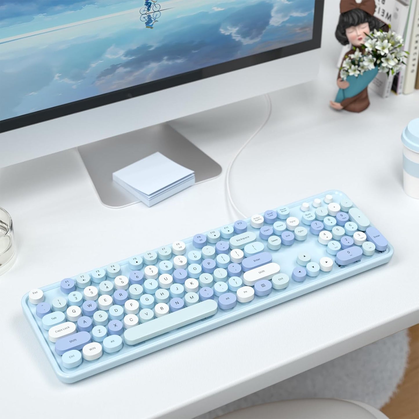 MOFII Computer Keyboards Wired, Plug Play USB Full Size Typewriter Keyboard, Cute Colorful Aesthetic Keyboard with Foldable Stands for Windows PC Laptop (Blue Colorful)