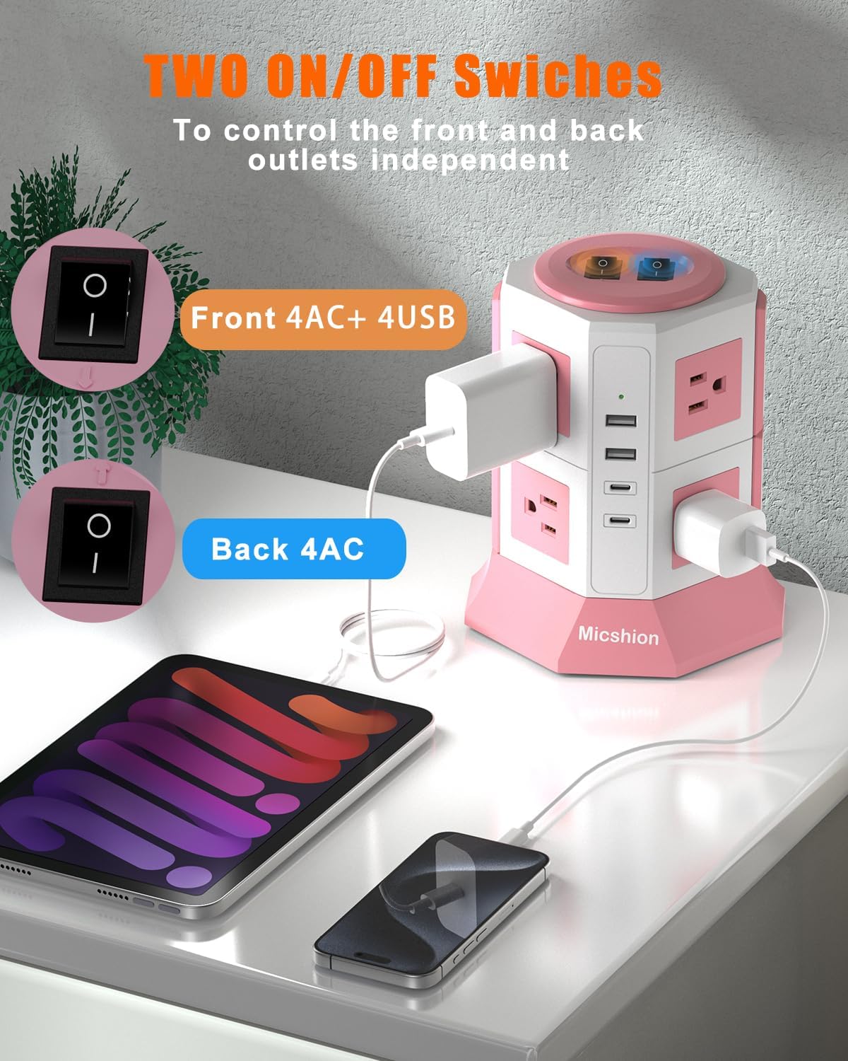 Surge Protector Power Strip Tower with 8 AC Outlets 4 USB Ports(2 Type C) | 6.5FT Thin Extension Cord with Multiple Outlets, Desktop Charging Station, Flat Plug Outlet Extender for Home Office Dorm