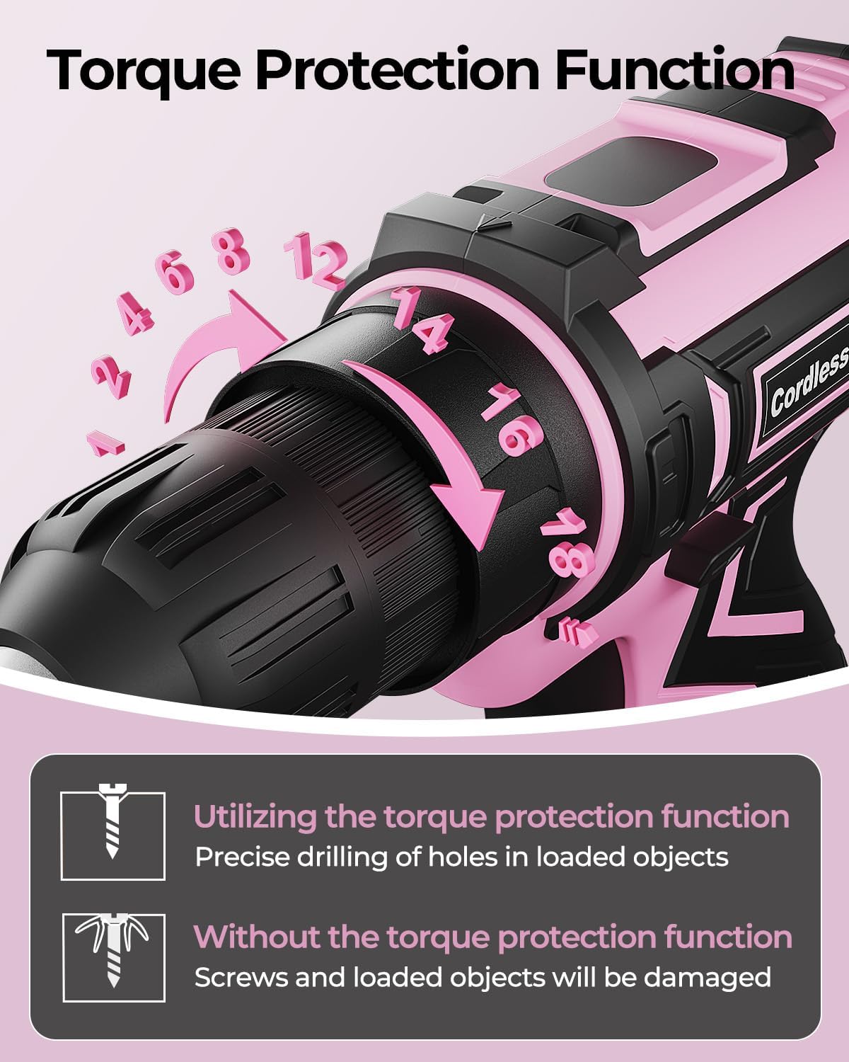 Pink Cordless Drill Set, Electric Power Drill for Women, Lightweight Electric Screwdriver Driver with Battery & Charger, 3/8" Keyless Chuck, Womens Tool Kit for Home DIY Projects