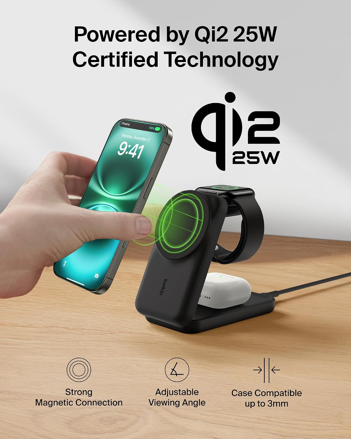 Belkin Qi2.2 25W Magnetic Wireless Charging Station, 3-in-1 Foldable Stand | MagSafe compatible, charging dock, iPhone 17/16/15, Apple Watch, AirPods, Pixel 10, foldable, 45W adapter