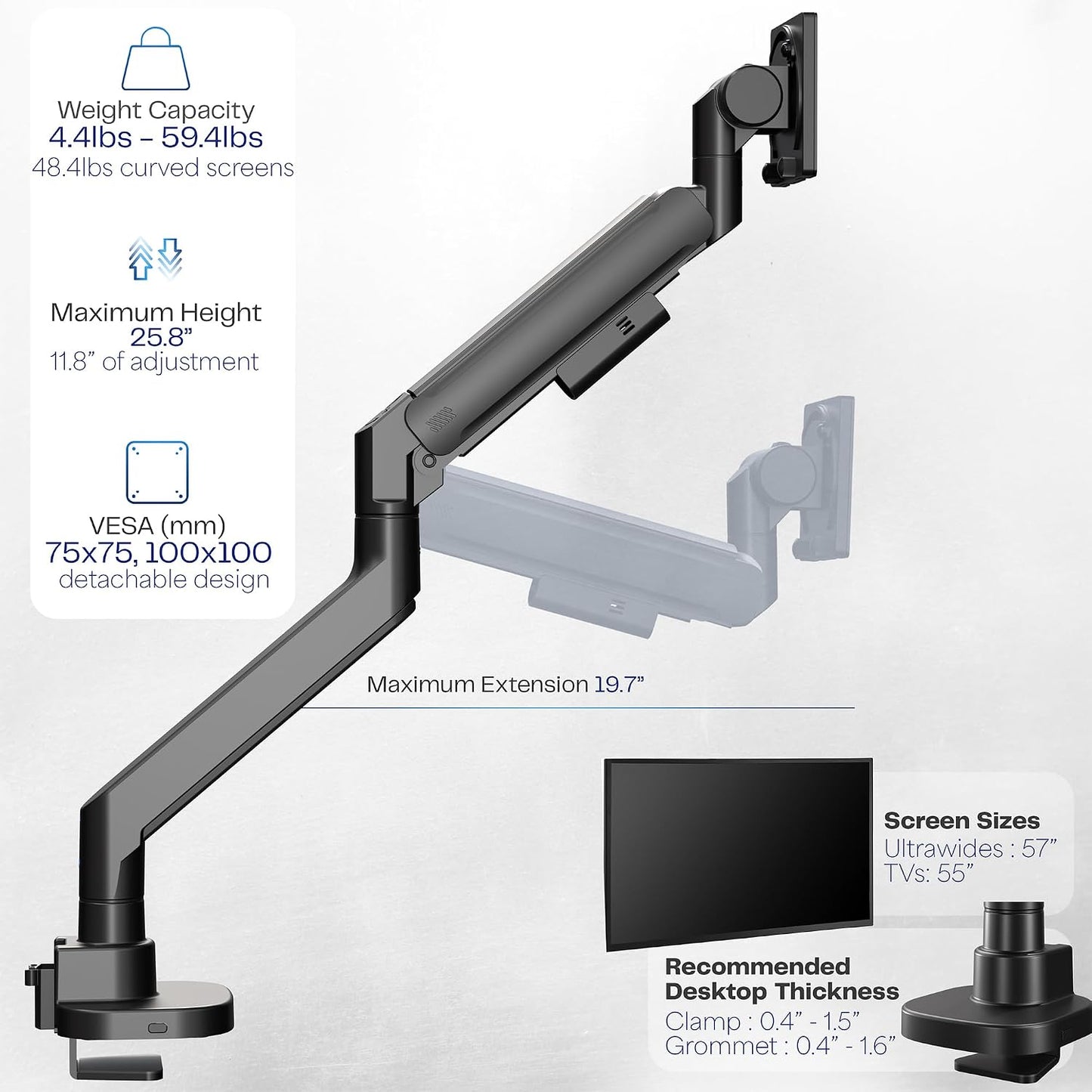 VIVO Heavy Duty Ultrawide Monitor Arm for 57 inch Screens up to 59.4 lbs, Desk Mount TV and Monitor Stand Designed for Samsung Odyssey Ark, Neo G9, ViewFinity S9, and More, Black, STAND-GT57