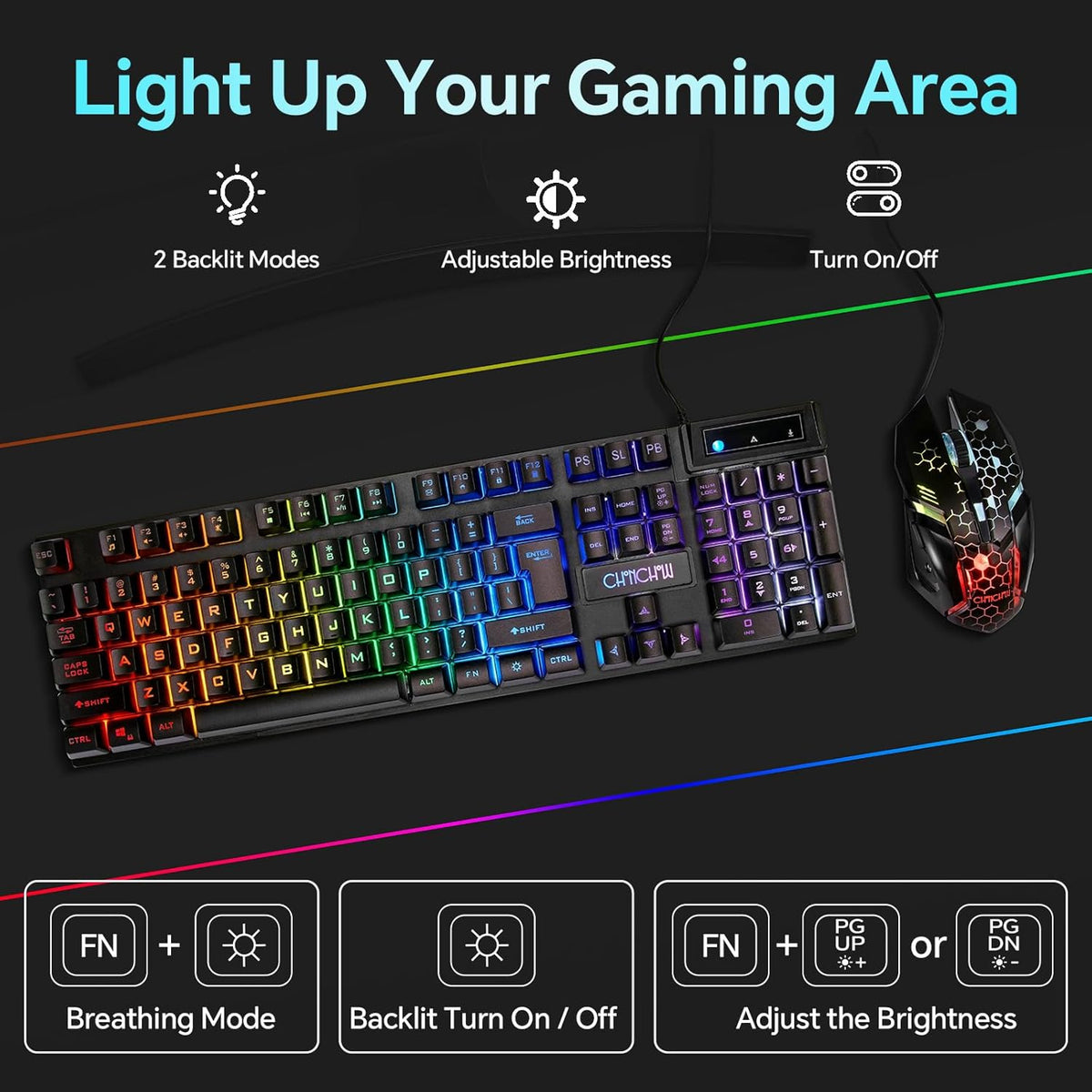CHONCHOW Gaming Keyboard and Mouse Combo, Wired RGB Backlit for PC Gamer | Mechanical Feel, Anti-ghosting, USB Light Up Keyboard 3200DPI Gaming Mouse, LED Gaming Set for Laptop PS4 Xbox Mac Game Work