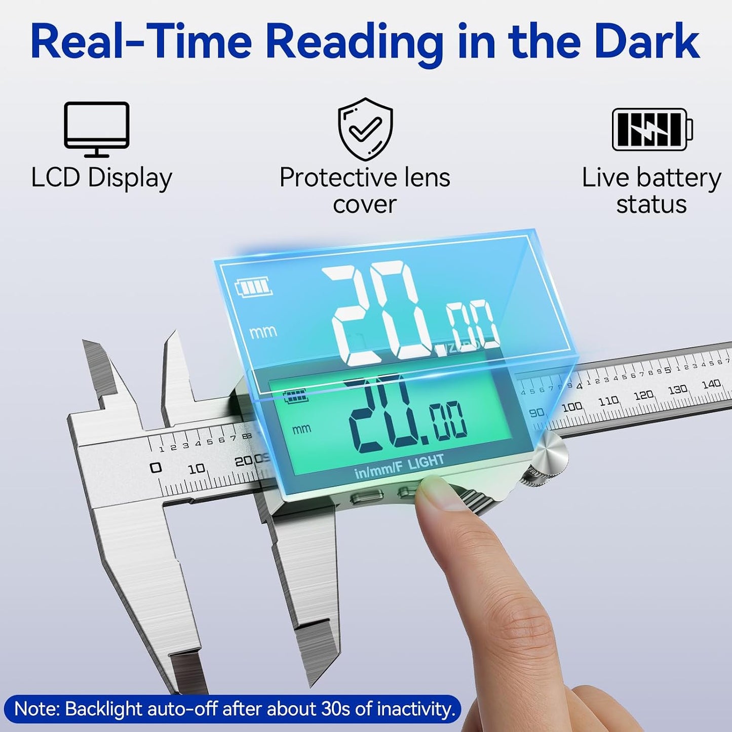 Rechargeable Digital Caliper 6 Inch, High-Precision Stainless Steel Vernier Caliper with Backlight, Support MM/in/F, Type-C Charging, LCD Screen Measuring Tool