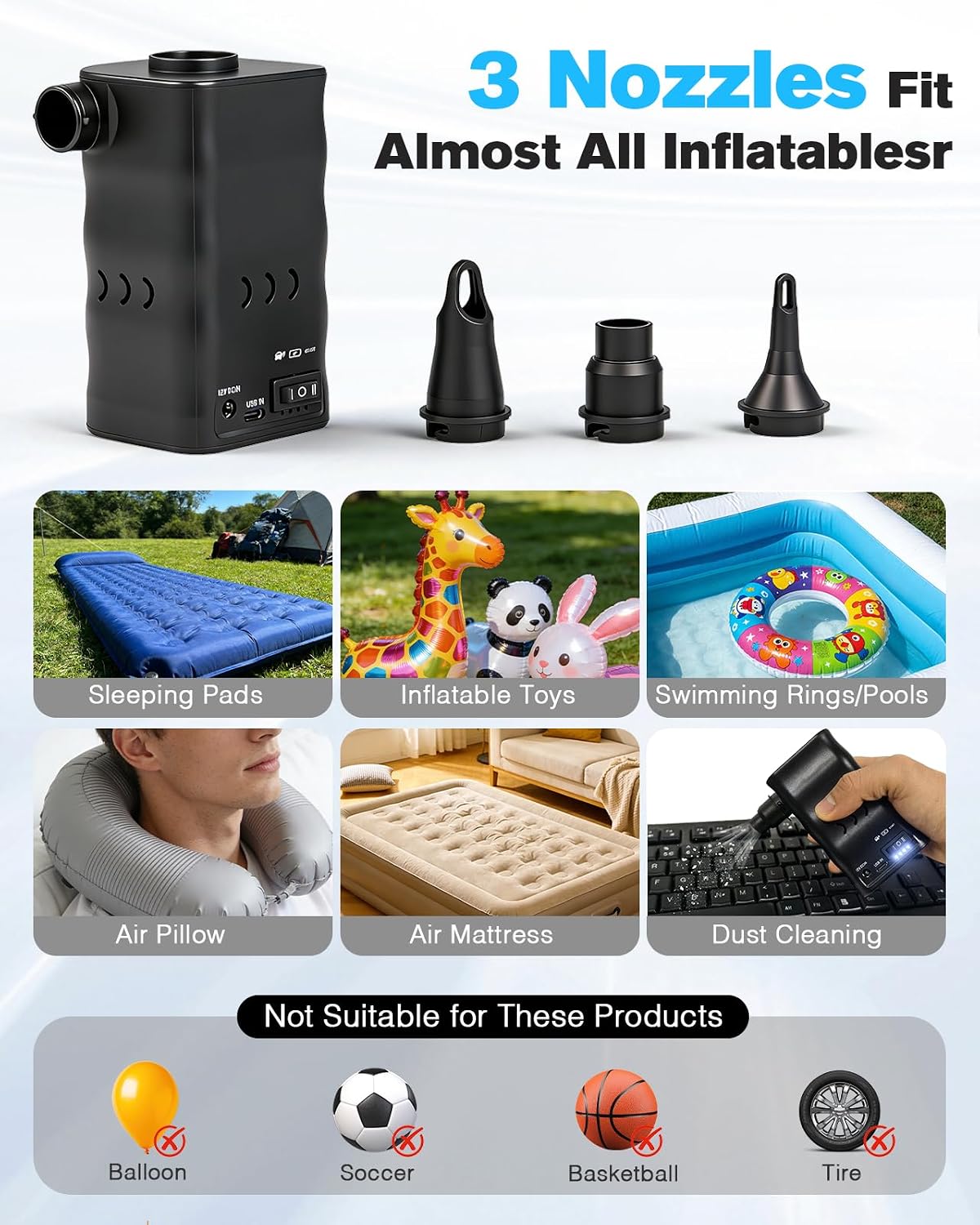 Zacro Portable Electric Air Pump with 6000mAh Battery for Quickly Inflatables and Deflation, Powered by USB/Any Standard 12V Vehicle Outlet, 3 Nozzles for Mattresses, Lounger Sofa, Pool Floats, Airbed