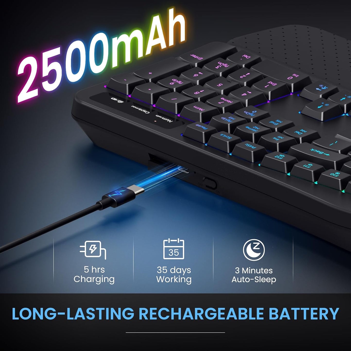 COLIKES Wireless Ergonomic Keyboard, Backlit Keyboard Silent with 15 RGB Lighting Effects, Leather Wrist Rest, 2500mAh Rechargeable, Multimedia Keys, Wave Keyboard for PC Computer Laptop Windows Mac