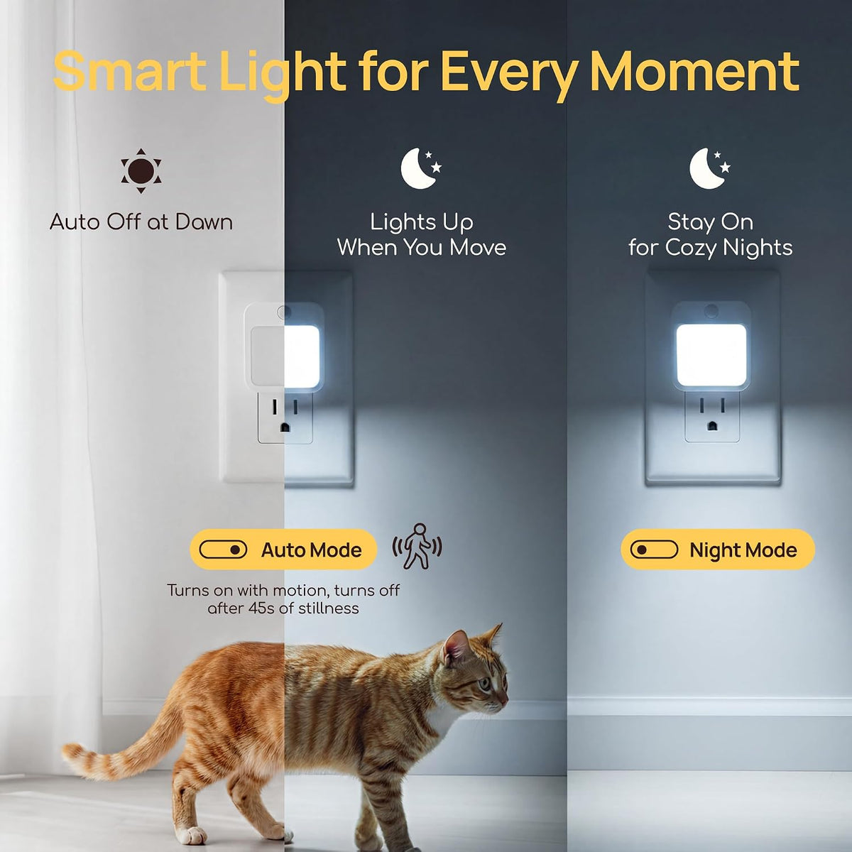 Plug-in Night Light with Motion Sensor, Dusk-to-Dawn Light Sensor