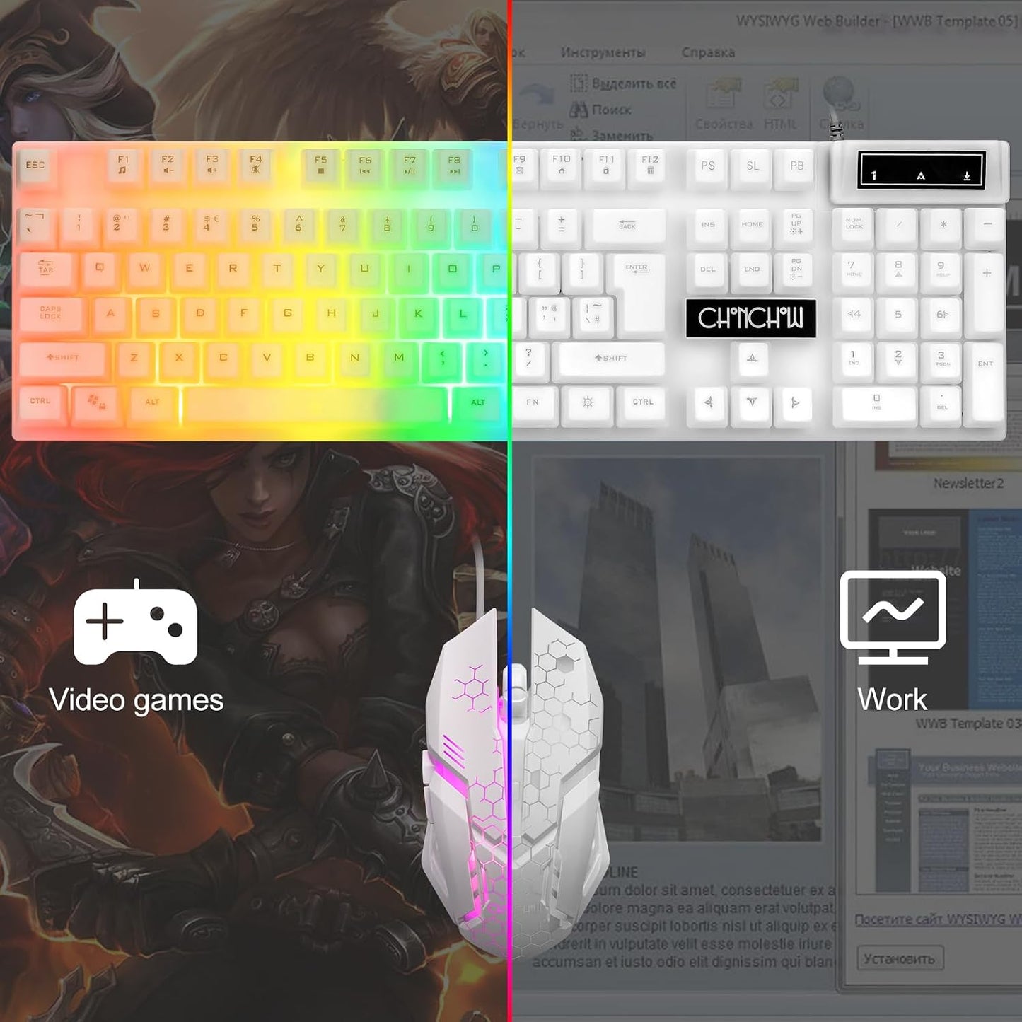LED Keyboard Mouse,104 Keys Rainbow Backlit Keyboard and 7 Color RGB Mouse | White Gaming Keyboard and Mouse Combo for PC Laptop Xbox PS4 Gamers and Work