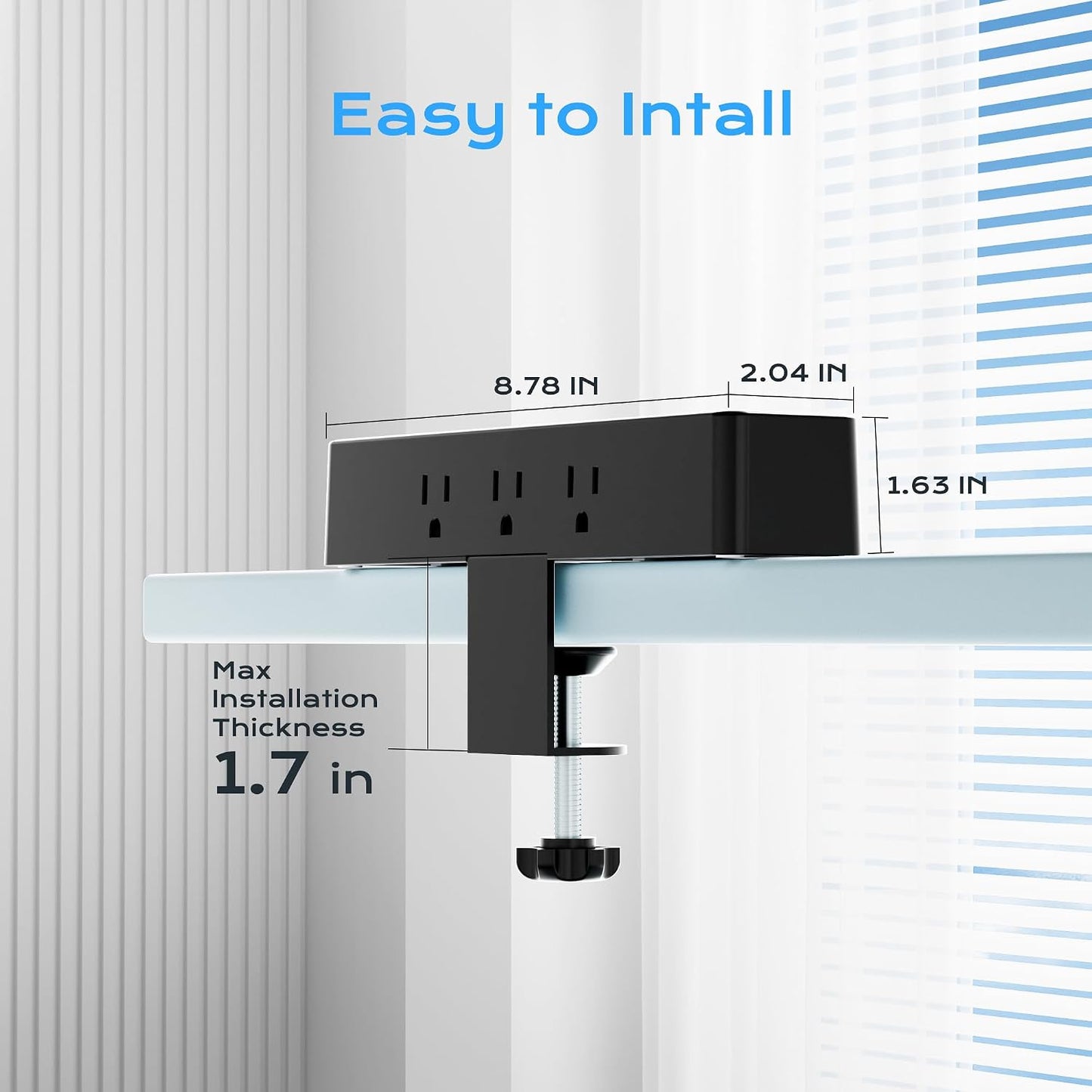 Desk Clamp Power Strip 10FT, 40W Total Fast Charging Station | 9 AC Outlets 8 USB Ports(4 USB C), 2 PD20W USB C Ports, Flat Plug Extension Cord, Desk Edge Mount, Fit 1.7" Tabletop Edge