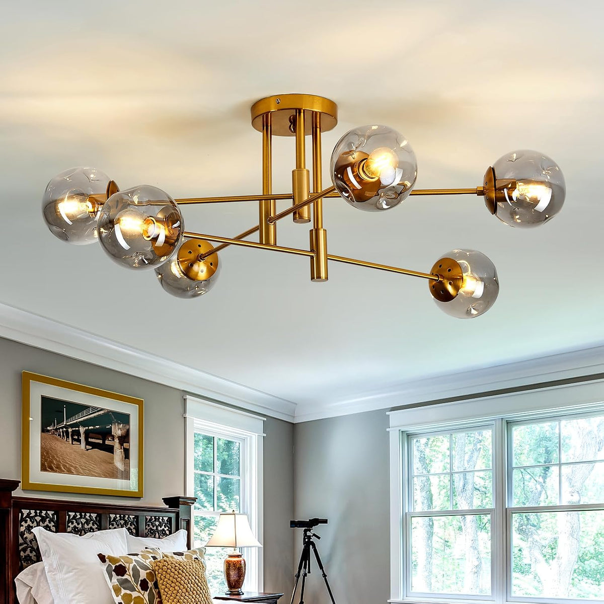 6-Lights Glass Globe Chandelier Modern Flush Mount Ceiling Light Fixture Gold Farmhouse Lighting for Dining Room Living Room Bedroom Kitchen Passageway.