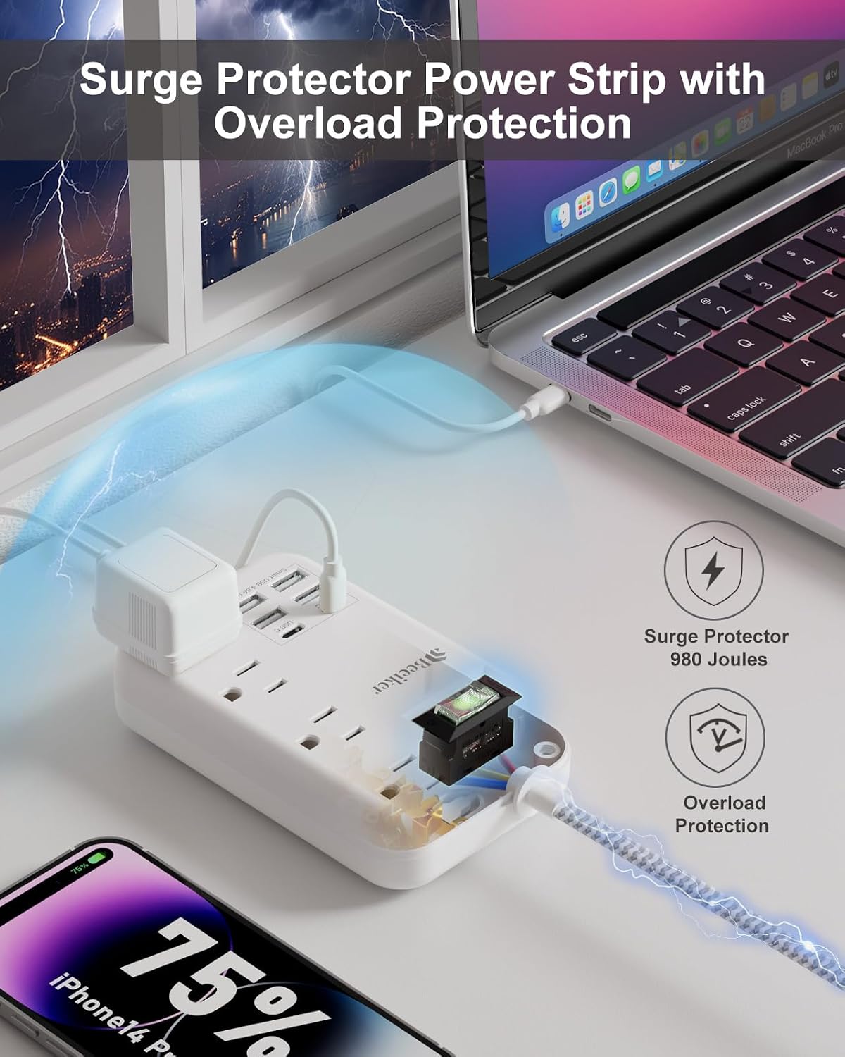 6 USB Travel Power Strip,4 Outlets,5Ft Extension Cord,Surge Protector,13A | 2 USB C,6 USB Charging Station,5Ft Braided Extension Cord,Surge Protector,Switch,Wall Mount,Flat Plug,For Travel Office Dorm