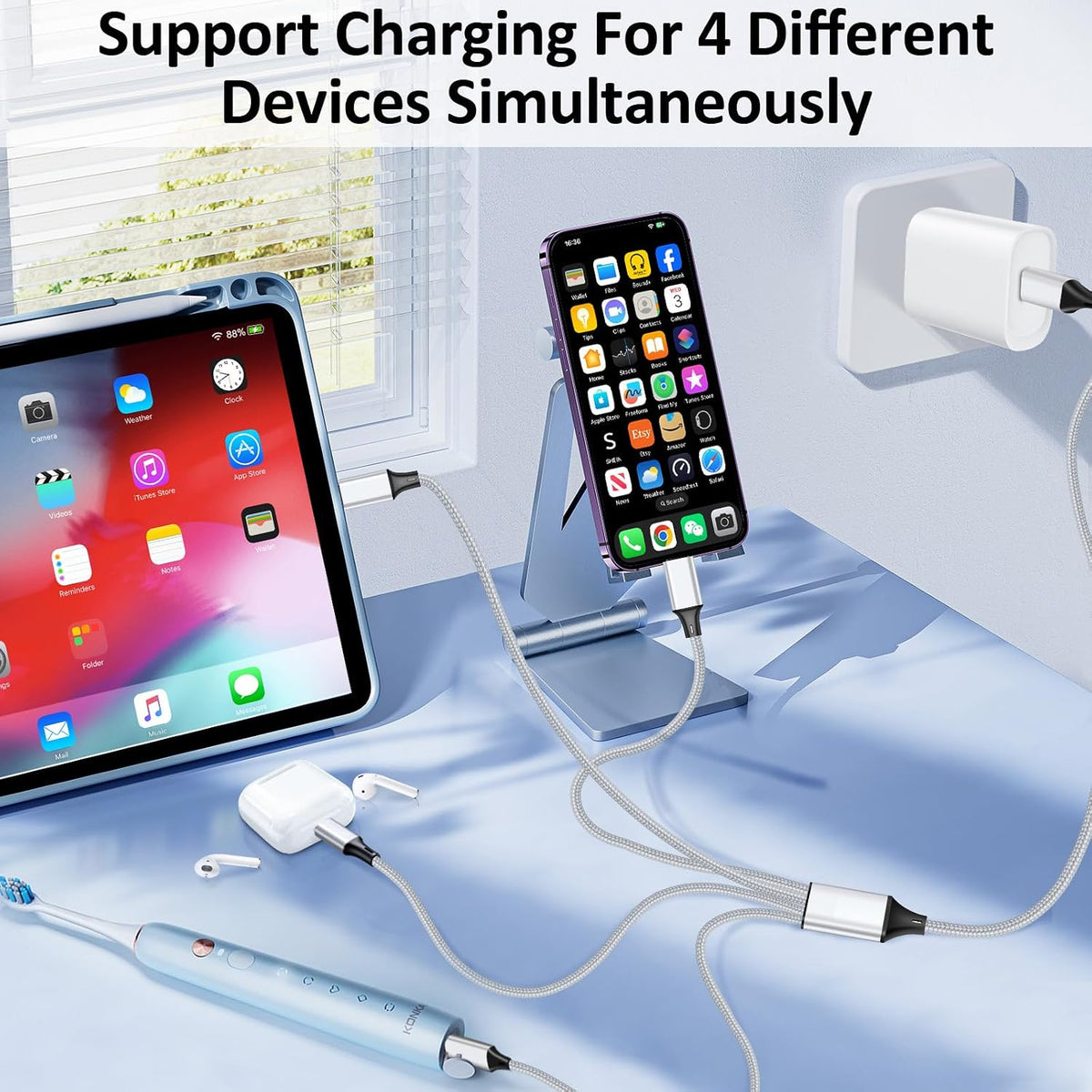 USB C Splitter Multi Charging Cable,USB A/C to USB C QC 3.0 Fast Charging[2Pack 4Ft], 4 in 2 Multi Charger Cord, with 4 Type-C Connectors Compatible with Cell Phones Tablets and More