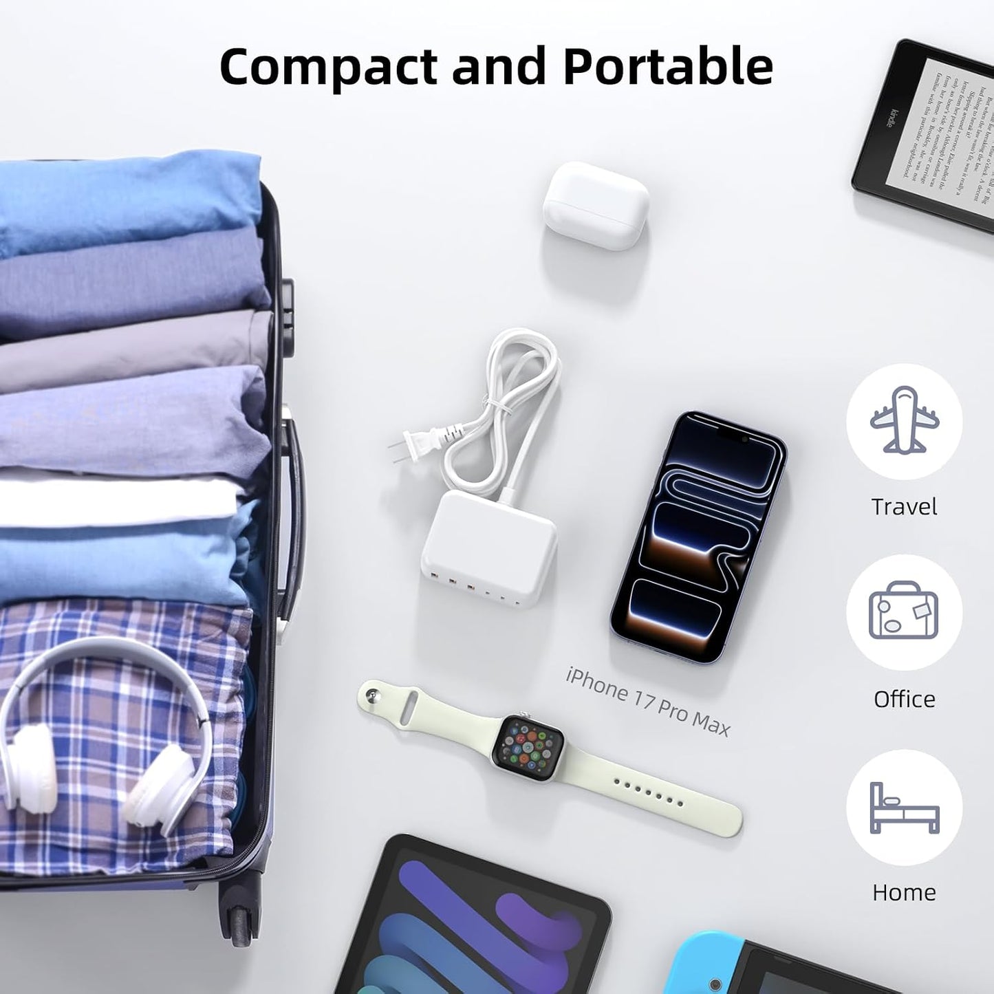100W 6 in 1 USB Charger, 50% Smaller Charging Station for Multiple Devices | Fast Charging Blocks with Type C Port, USB Charging Hub Organizer Multiport Power Strip for iPhone,Samsung,Ipad,Kindle,Travel