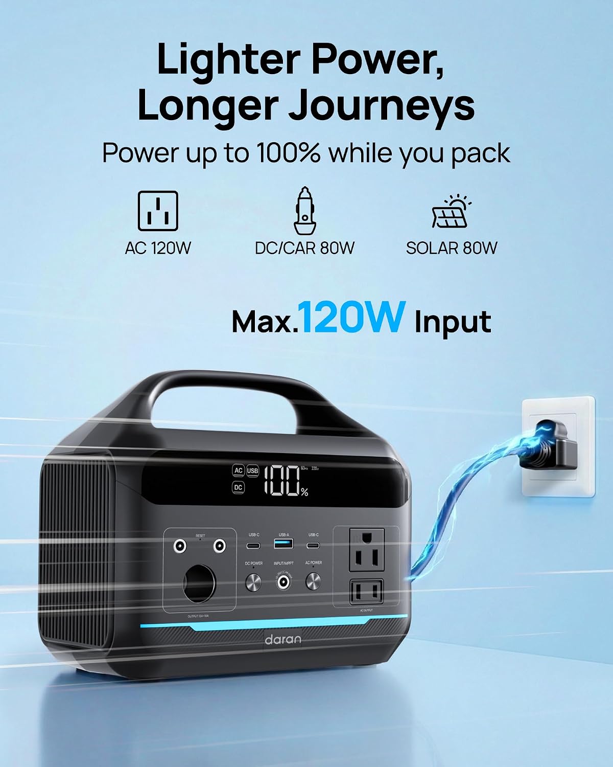 DARAN Portable Power Station 600W(1200W Surge) - 288Wh Solar Generator LiFePO4 Battery with AC DC Outlets, 8.3LB Portable Charging Station for Camping, RV, Home, Emergency (Solar Optional)