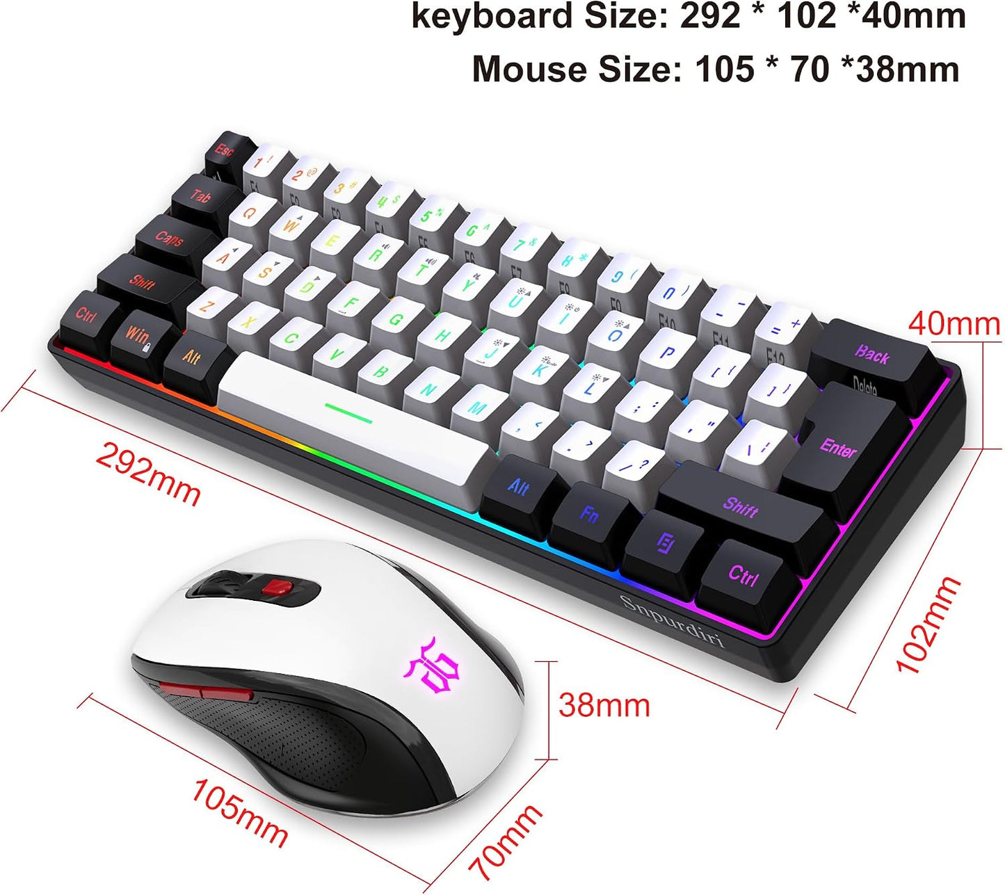 Snpurdiri 2.4G 60% Wireless Gaming Keyboard and Mouse Combo, Black-White | Include Mini 60% Gaming RGB Backlit Keyboard, Ergonomic Vertical Feel Small Wireless Mouse