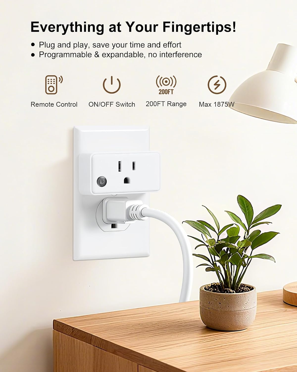 Remote Control Outlet with All ON/Off Switch, 200FT Long Range | Mini Electrical Outlet Plug, 15A/1875W High-Power for Lamps, Lights, Household Appliances, ETL & FCC Listed, Pre-Programmed