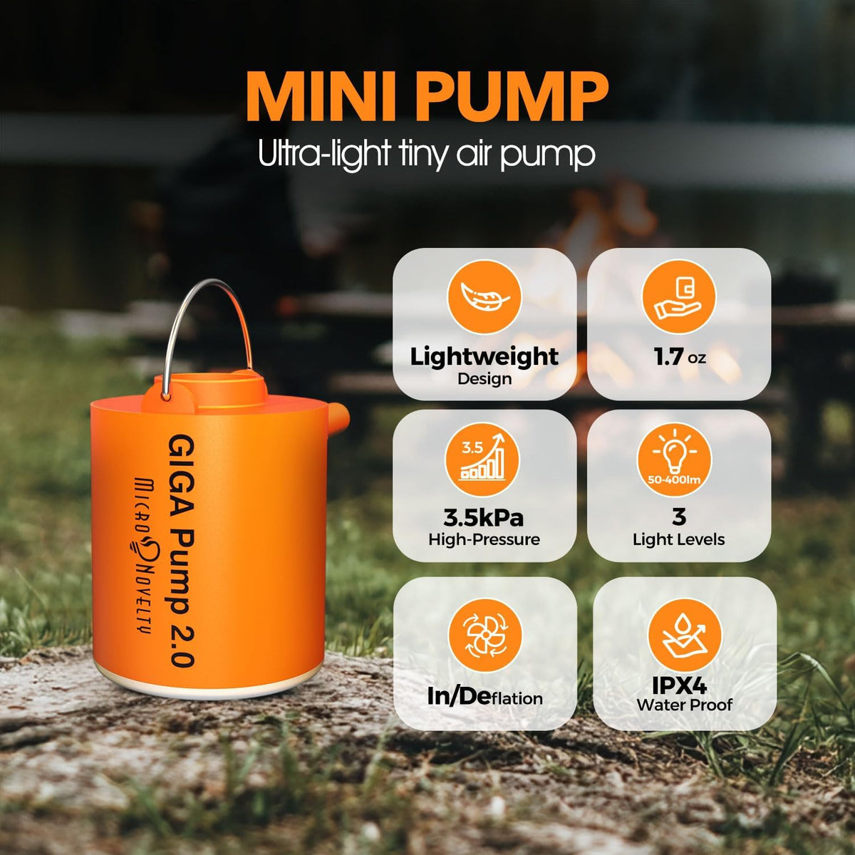 GIGA PUMP Portable Air Pump for Inflatables, Ultra-Light 1.7oz Rechargeable Mini Air Mattress Pump with Camping Light, Inflate Deflate for Air Mattress,Pool Floats, Vacuum Storage Bags