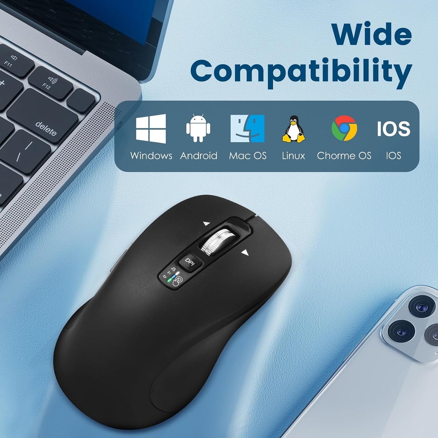 CITLLA Wireless Bluetooth Mouse (USB + BT1 + BT2), Full Size, 4-Way Scrolling, Multi-Device Silent Mouse for Computer, Laptop, iPad, MacBook (Black)