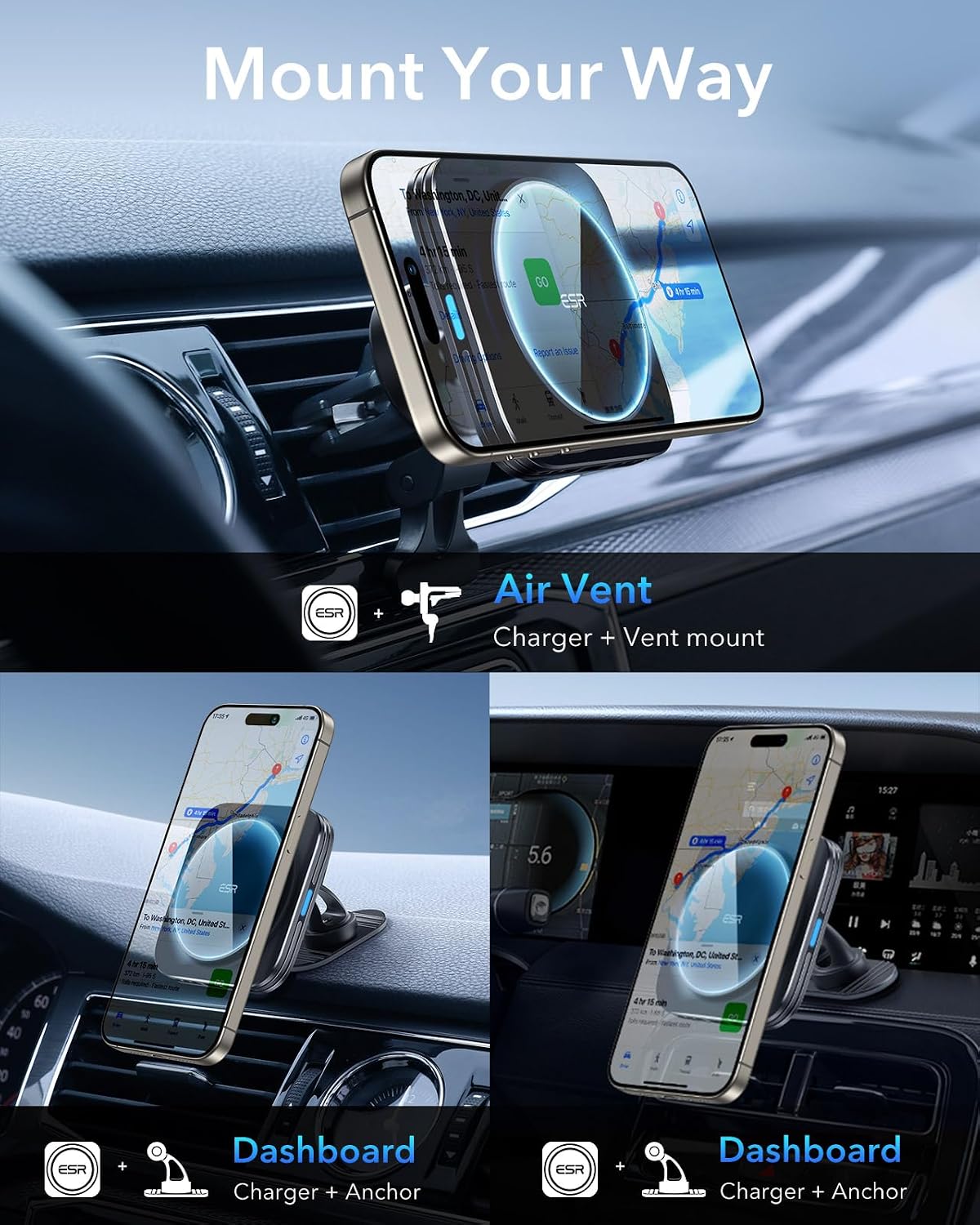ESR for 15W MagSafe Car Mount Charger for iPhone 17-12, Samsung Galaxy S26 | Magnetic Wireless Car Charger, for MagSafe Car Charging, Air Vent Dashboard Phone Holder Mount, Fast Charging