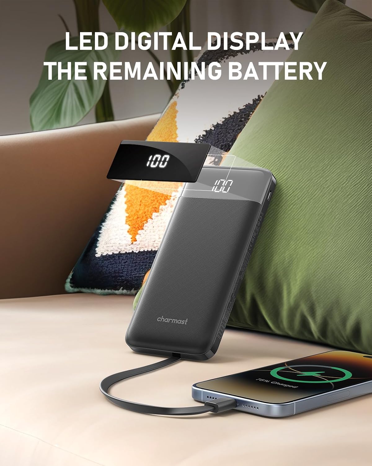 charmast Portable Charger Built-in Cables, 10000mAh Slim Power Bank Pocket | 22.5W Fast Charging Battery Pack for iPhone 17/16/15 Samsung Android, Flight-Approved, Multi-Device, USB-C, Daily Commute