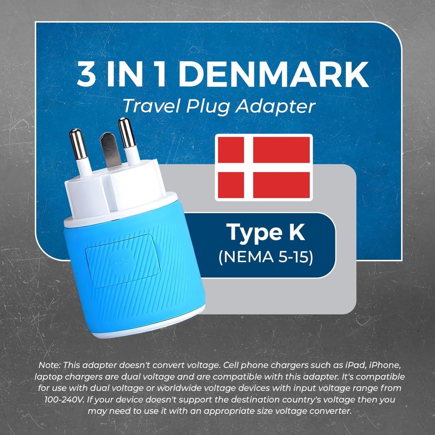 OREI Denmark Travel Plug Adapter with Dual USB - USA Input - Type K (U2U-20), Will Work with Cell Phones, Camera, Laptop, Tablets, iPad, iPhone and More