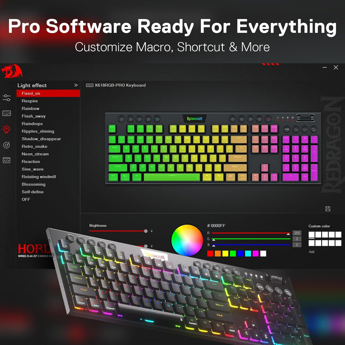 Redragon K618 PRO Wireless Ultra-Thin Gaming Keyboard, Macro &amp; Media Scroll | 0-Delay Tri-Mode, 5 On-Board Keybinding G Buttons for MMO MOBA Games, Dedicated Media Control, Easy-Switch Win/Mac Compatible