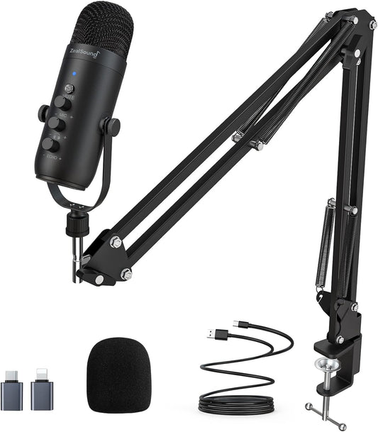 ZealSound Podcast Microphone with Boom Arm, USB Mic with Noise Reduction, Mute, Echo & Volume Control, Zero-Latency Monitoring, Compatible with PC Mac iPhone & Android, for Podcasting Gaming YouTube
