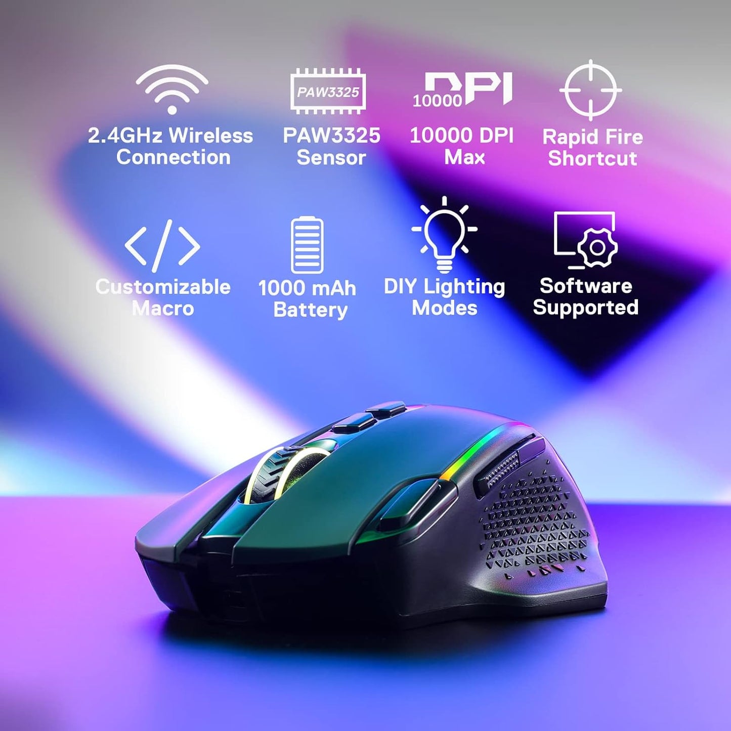 Redragon M810 PRO Wireless RGB Gaming Mouse 10000 DPI Remapping Keys | Cable-Free 0 Delay, Rapid-Fire Macro Keybinds, Vibing Backlight, Ergonomic Grip Body Comfort