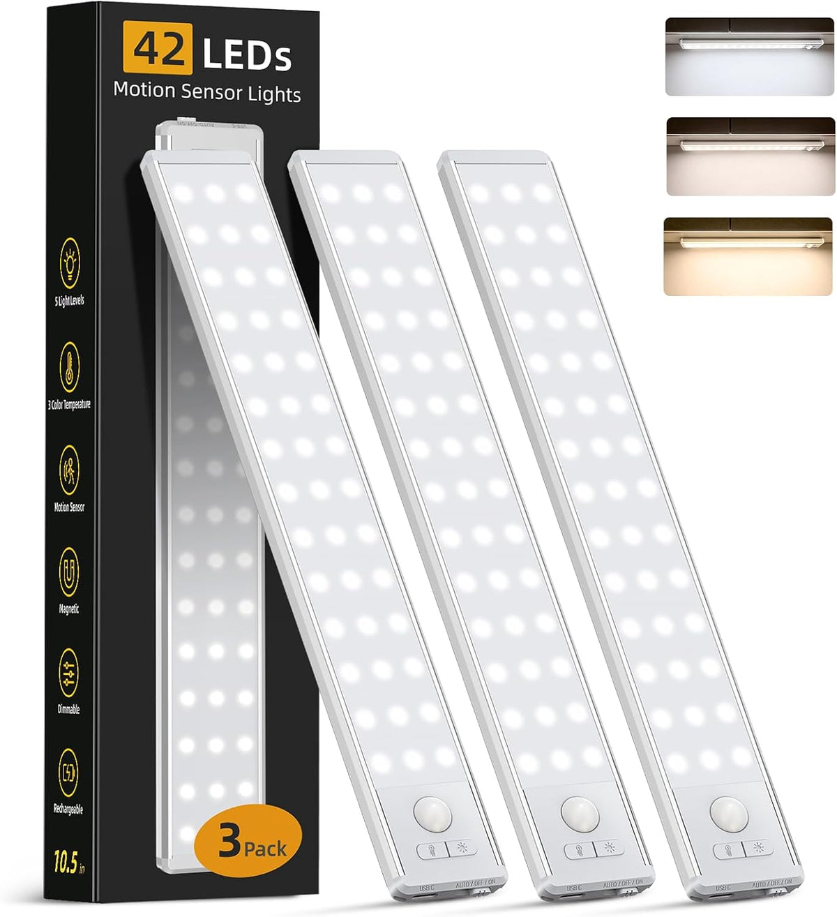 10.5inch Under Cabinet Lighting Wireless, Motion Sensor Light Indoor 3PCS