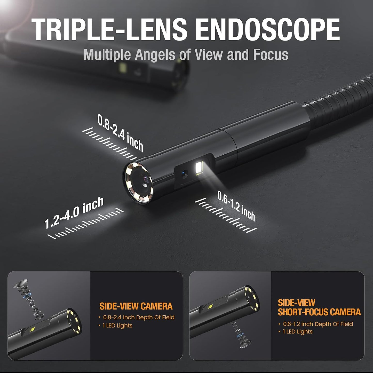 Teslong 16.5FT Triple Lens Borescope Camera for Automotive/Home/Wall/Pipe | 5" IPS Screen, LED Flashlight, 0.31 inch Endoscope, 8+2 LED Lights, 5000mAh Battery, 32GB, IP67 Waterproof, Carrying Case