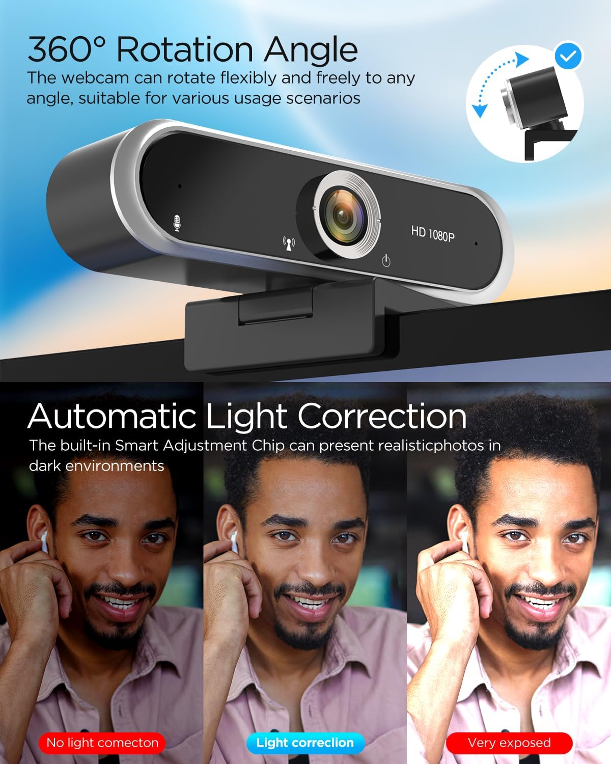 Webcam 1080P with Microphone & Privacy Cover for PC/Laptop, USB Computer Camera Plug & Play with Auto Light Correction for Video Calls, Live Streaming Gaming & Online Meetings