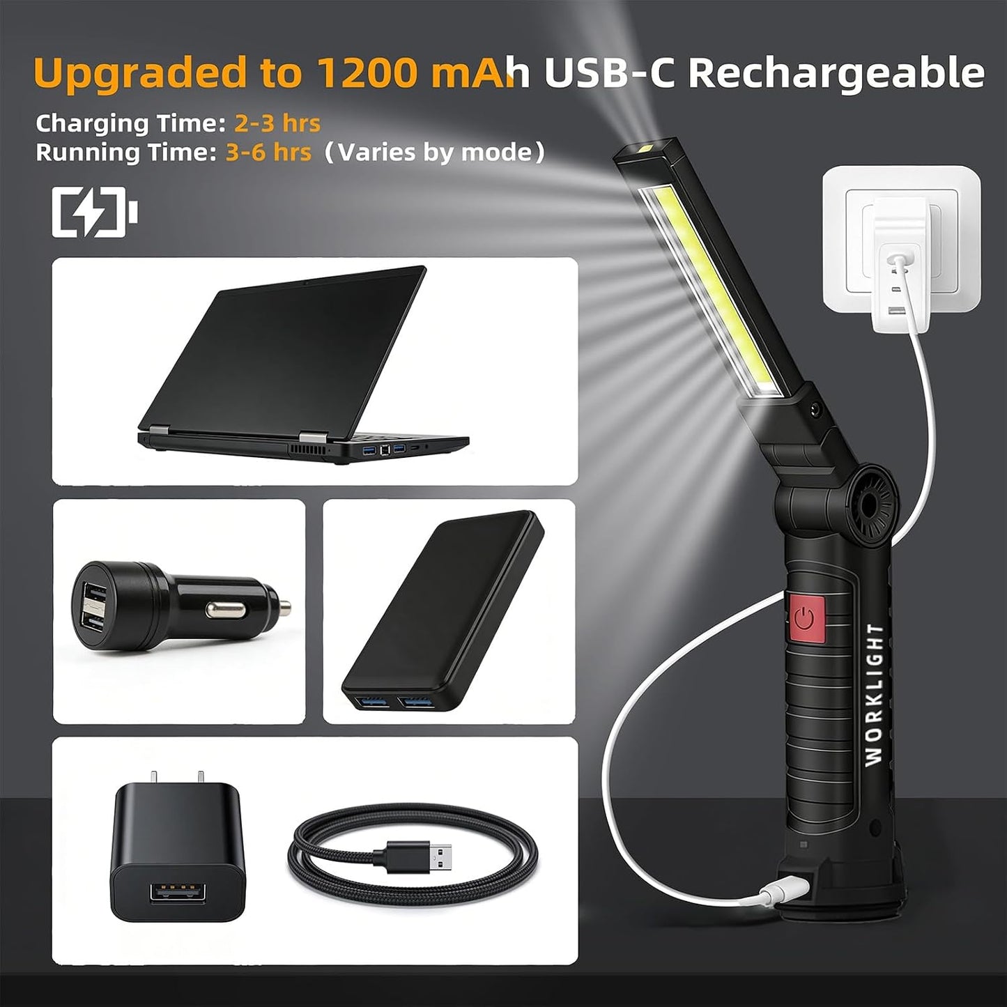 Tool Fathers Day Dad Gifts for Men Him Husband LED Rechargeable Work Light | for Mechanic with Magnetic Base Hook, Grill Light Inspection Flashlight 5 Modes 360° Rotate Car Repair Emergency Birthday