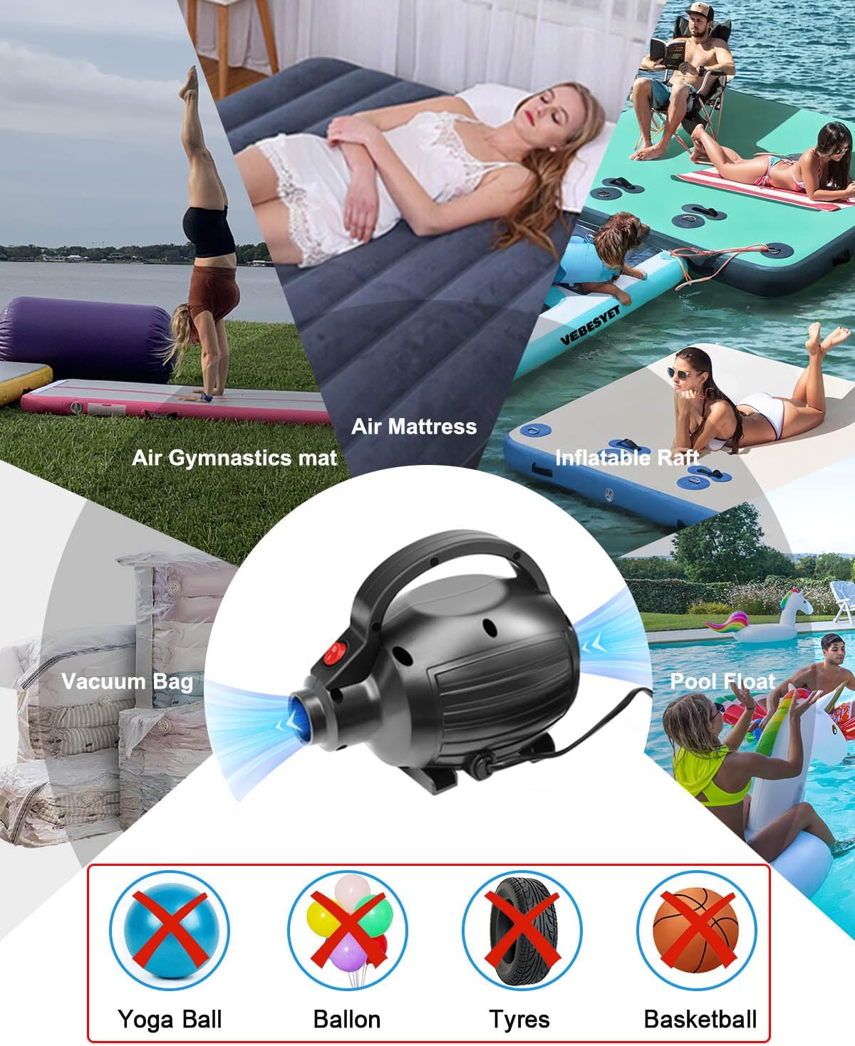 Electric Air Pumps for Inflatables Air Mattress Gymnastics Track Mat Quick Fill Inflator/Deflator for Pool Floats Dock Raft,4 Nozzles, 110-120V AC (400W)