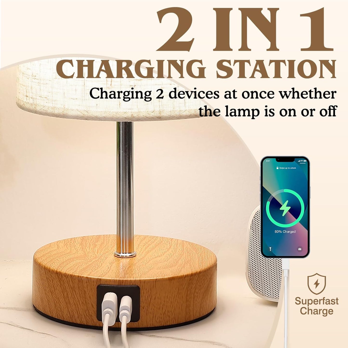 UNIFUN Nightstand Lamp, Touch Dimmable with USB-C Charging & Bulb | Includes E26 LED bulb，4 Brightness Levels，USB-A and Type-C ports，Natural wood base paired with a soft linen fabric shade