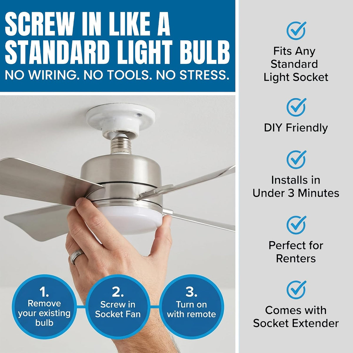 Bell+Howell Socket Breeze 15.4" Socket Fan Light with Remote Control | 1000 Lumens, 3 Fan and Light Modes, Portable, Easy to Install Ceiling Fan Replacement for Bedroom, Kitchen, Living Room
