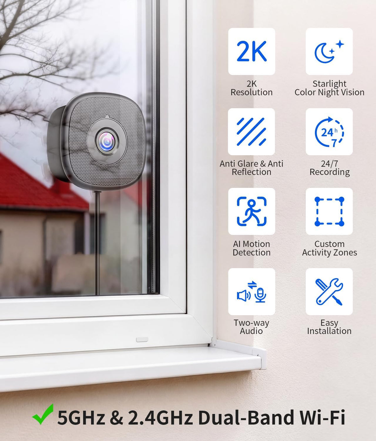 MISECU 2K No Drill Window Camera, Indoor Cameras for Home Security, 2 Pack