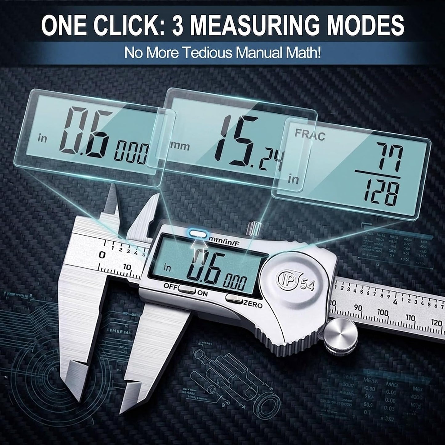 Kynup Digital Caliper, Caliper Measuring Tool, Stainless Steel Micrometer | 6 Inch Dial Vernier Caliper Tool, Inch/Metric/Fraction Conversion, Auto-Off & IP54 Splash Proof for DIY & Industrial Use