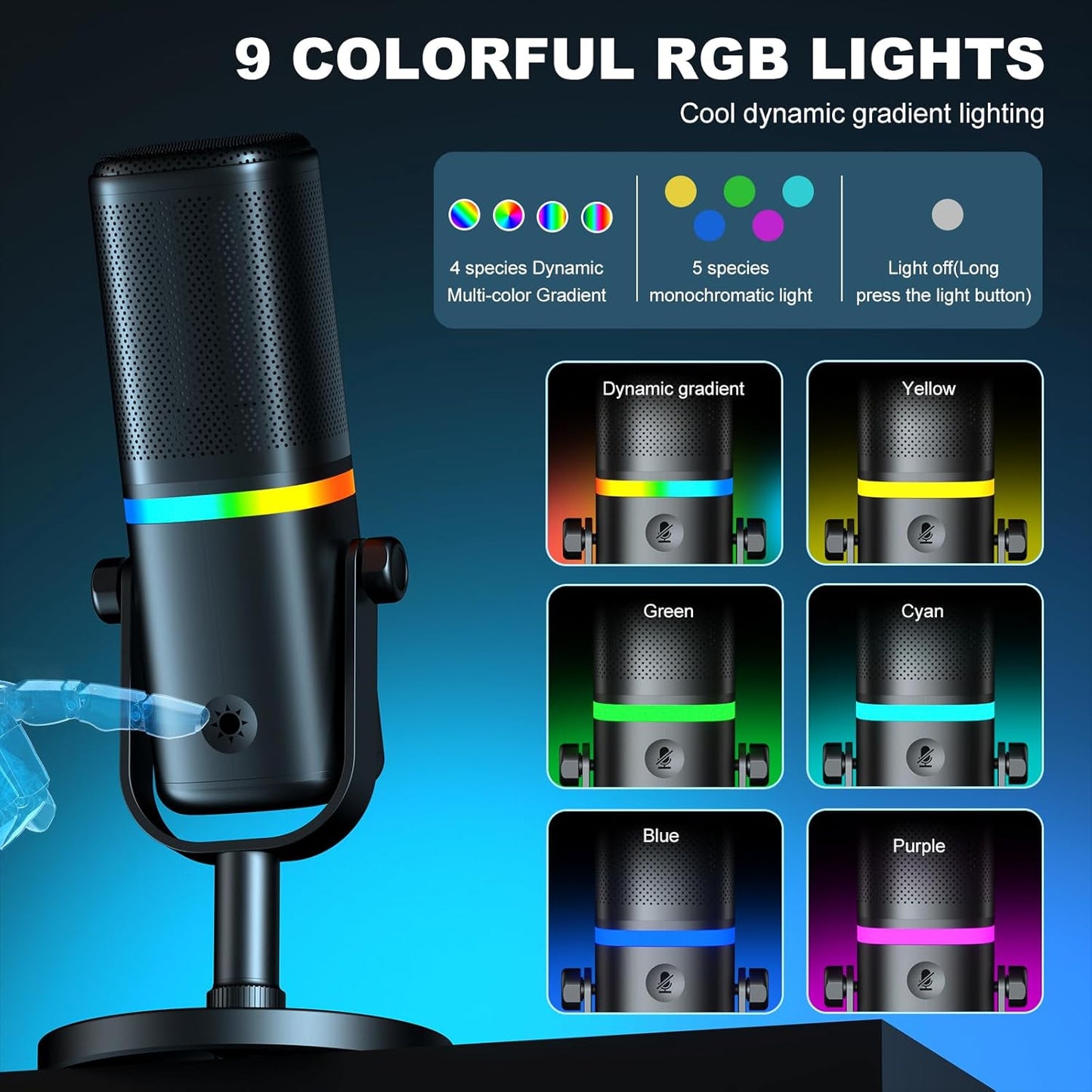 Microphone for PC, AK-10 USB/XLR Dynamic Desktop Microphone for Gaming,Podcast,Streaming with RGB Light,Volume Control,Mute Button,Noise Reduction