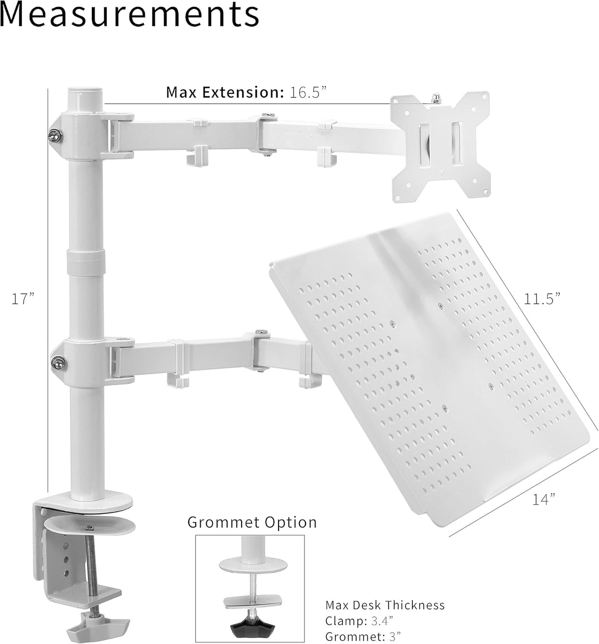 VIVO Fully Adjustable 13 to 32 inch Single Computer Monitor and Laptop Desk Mount Combo, Stand with Grommet Option, Fits up to 17 inch Laptops, White STAND-V002CW