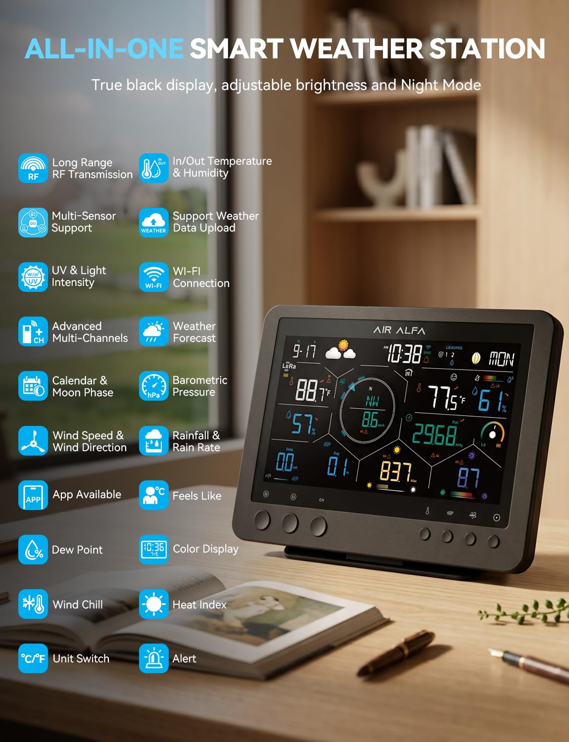 4900FT WiFi Smart Weather Stations Wireless Indoor Outdoor, LoRa Based Wireless Weather Station with 7-in-1 Solar Sensor, Thermo-Hygro Sensor, Bird Spike, CSV Export &amp; Calibration Black
