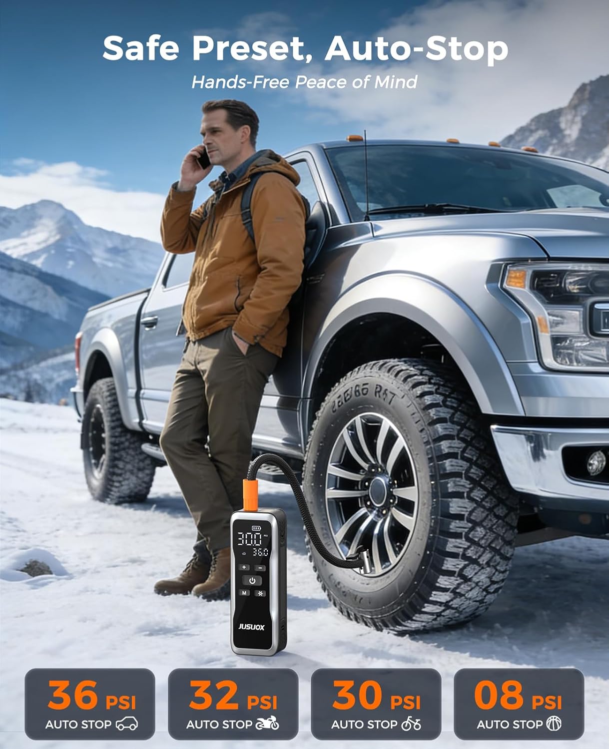 JUSUOX Tire Inflator Portable Air Compressor, Dual Power Air Pump | 150PSI Cordless & 12V DC Power, Large Capacity Battery, Digital Gauge, LED Light, Auto Shut-Off, for Car, Moto, Bike, Ball
