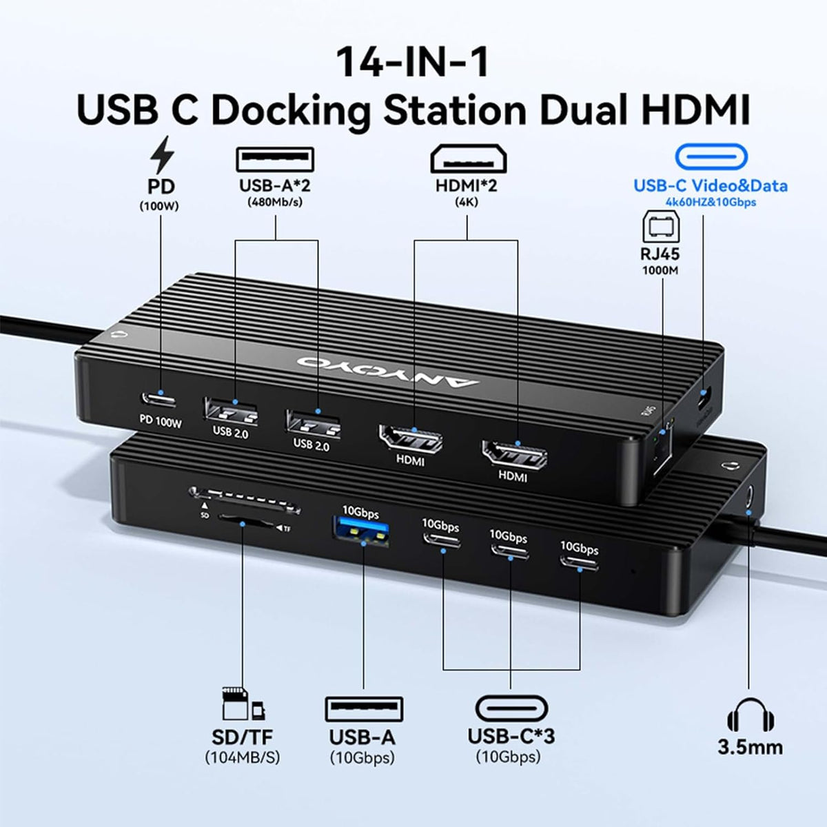 ANYOYO USB C Docking Station, 14 in 1 USB Hub for 3 Monitors, Dual 4K@60Hz HDMI & USB-C Video, 4xUSB-C(10Gbps),3X USB-A, Ethernet, SD/TF& 3.5mm Audio – Multiport Adapter for Lenovo/Dell/HP (Black)