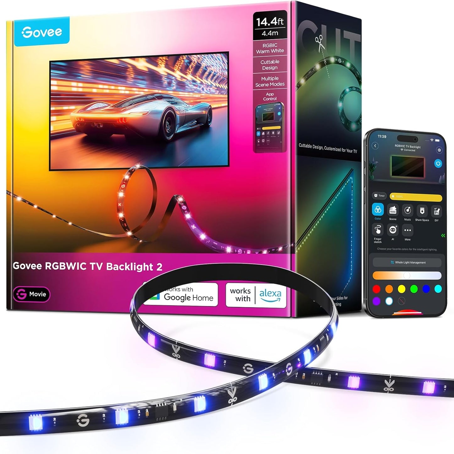 Govee TV LED Backlight 2, 14.4ft Cuttable TV Lights for 32-70 Inch TVs | RGBWIC LED Strips Lights for Monitors, Support 210+ Scene Modes & Music Sync，Smart APP and Voice Control, Easy Intall
