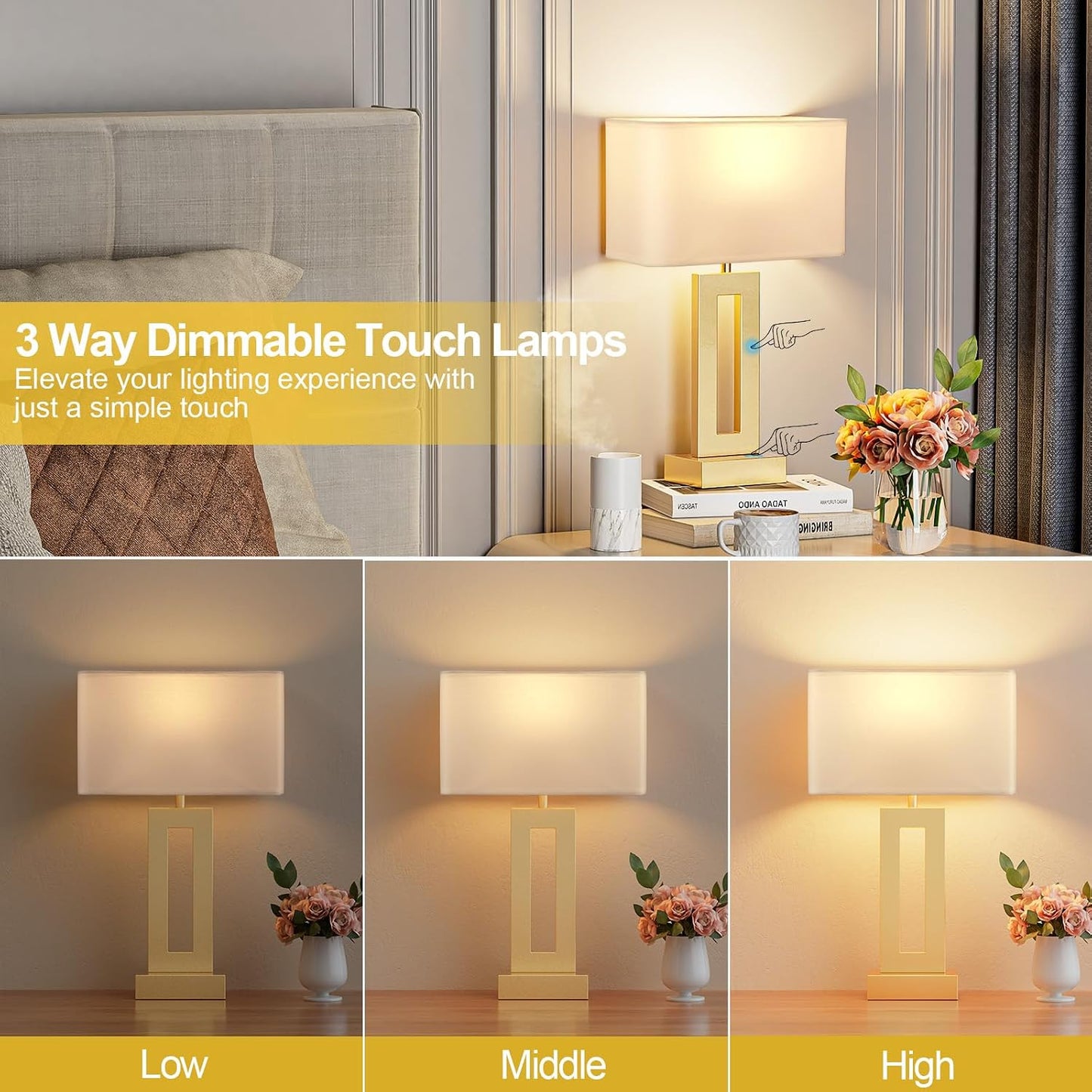 Gold Table Lamps Set of 2, 16.4" Bedside Lamps for Nightstand with USB C+A | 3 Way Dimmable, Touch Night Stand Lamp with Charging Station for Beroom, Dorm, Living Room, Desk, LED Bulb Included