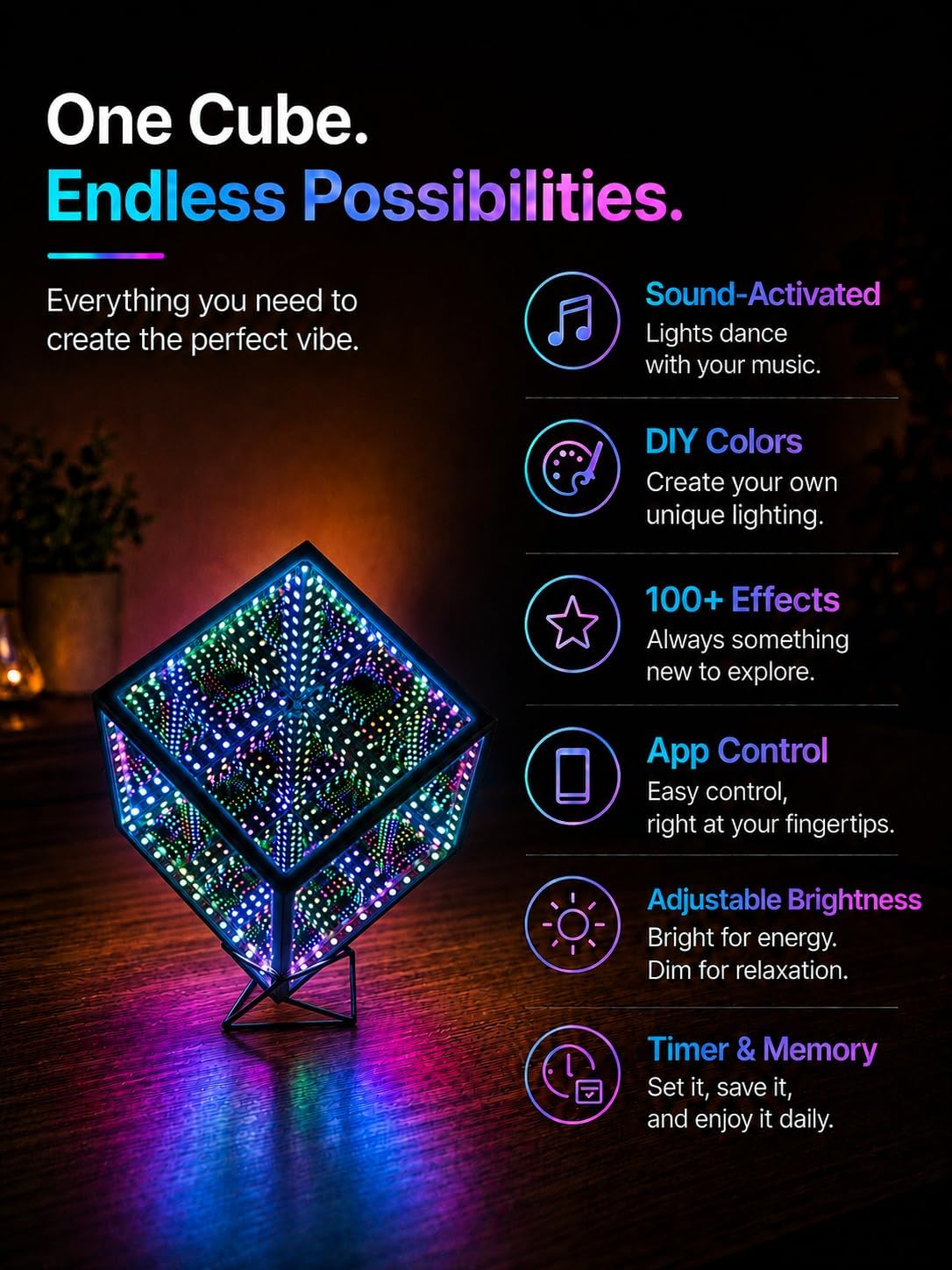Infinity Mirror Hyper Cube Table Lamp, Desk Art Night Light, Color-Changing Sound-Activated APP-Controlled Ambient Light for Gaming, Party, Home, Gift (6 Inches)