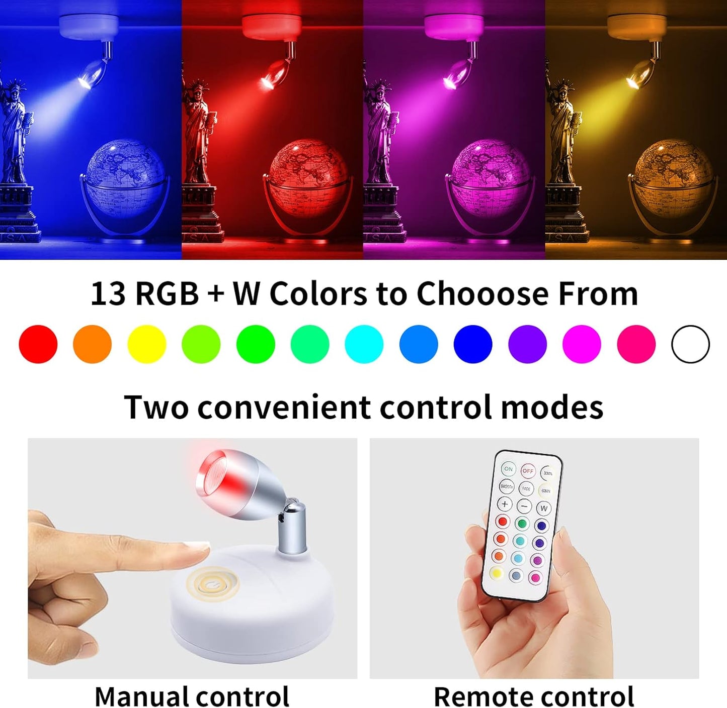 Spot Lights Indoor Battery Operated Uplights with Remote, RGBW 13 Color Wireless LED Spotlights Mini Stick On Wall Accent Lights Rotatable Head with Dimmer & Timer for Artwork Painting Closet