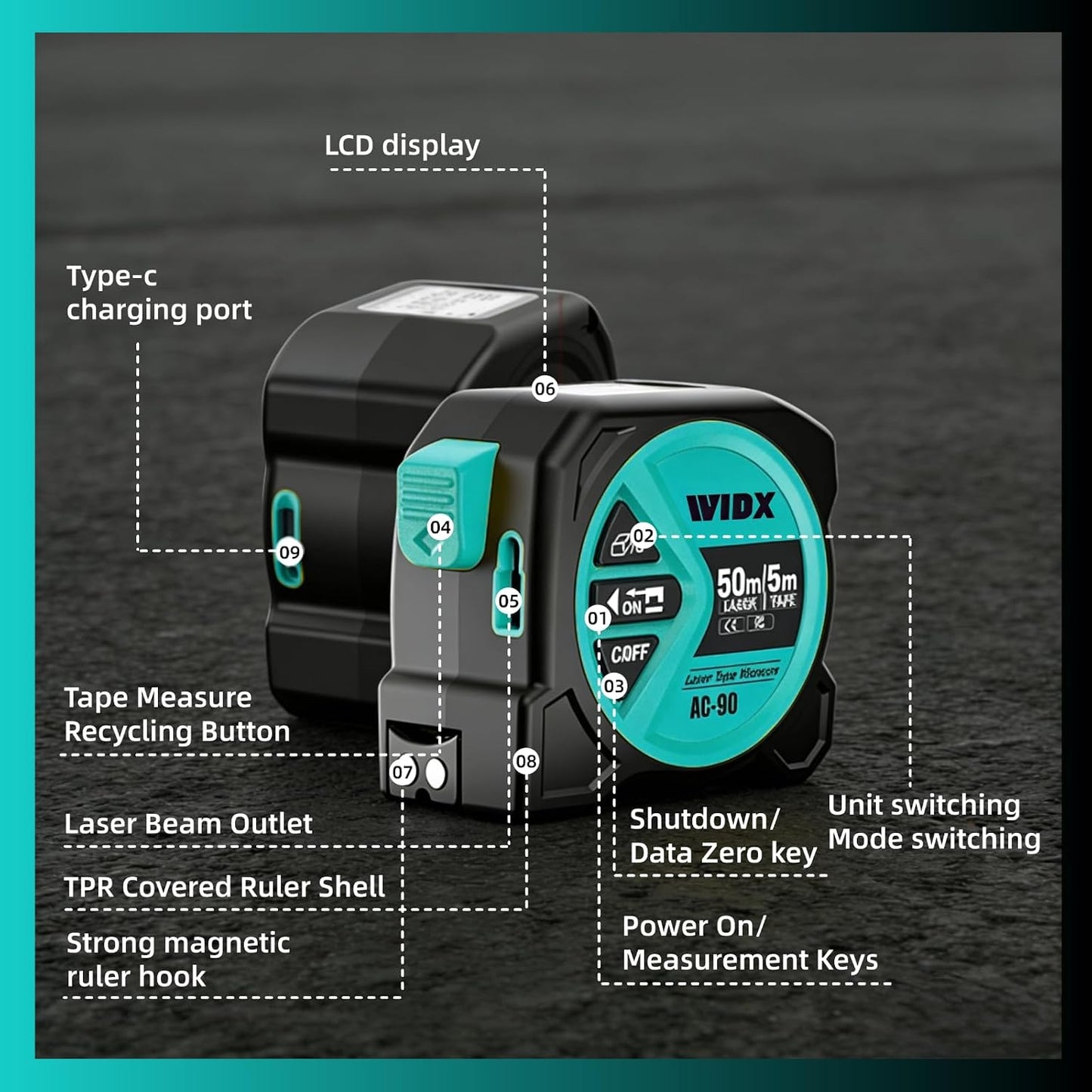 WIDX 2 in 1 Laser Tape Measure,164ft Laser Measurement & 16ft Tape Measure | Laser Distance Meters with Magnetic Hook, LCD Display, in/Ft/M/Ft+n, Linear/Area/Volume/ Pythagorean for Different Scenarios
