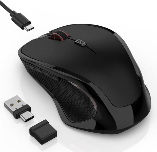 Wireless Bluetooth Mouse for Mac Pro MacBook Air, Rechargeable Mice with Jiggler Mouse, 3 Mode Switch Bluetooth 5.2/3.0 & 2.4G USB-A/USB-C Receiver, Optical Silent Mouse for iPad PC Laptop, Black