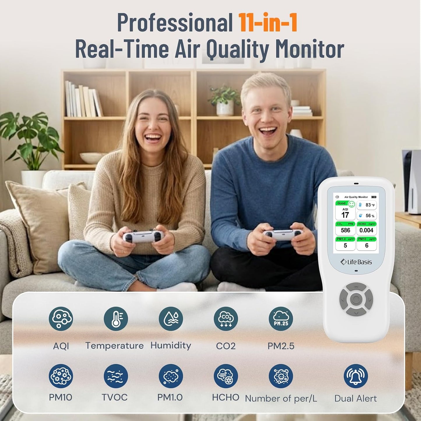 LifeBasis Air Quality Monitor Indoor, 11-in-1 Air Quality Detector with Stand, Air Meter Test AQI, PM1.0, PM2.5, PM10, CO2, TVOC, HCHO, Particles, Temperature and Humidity with Alert
