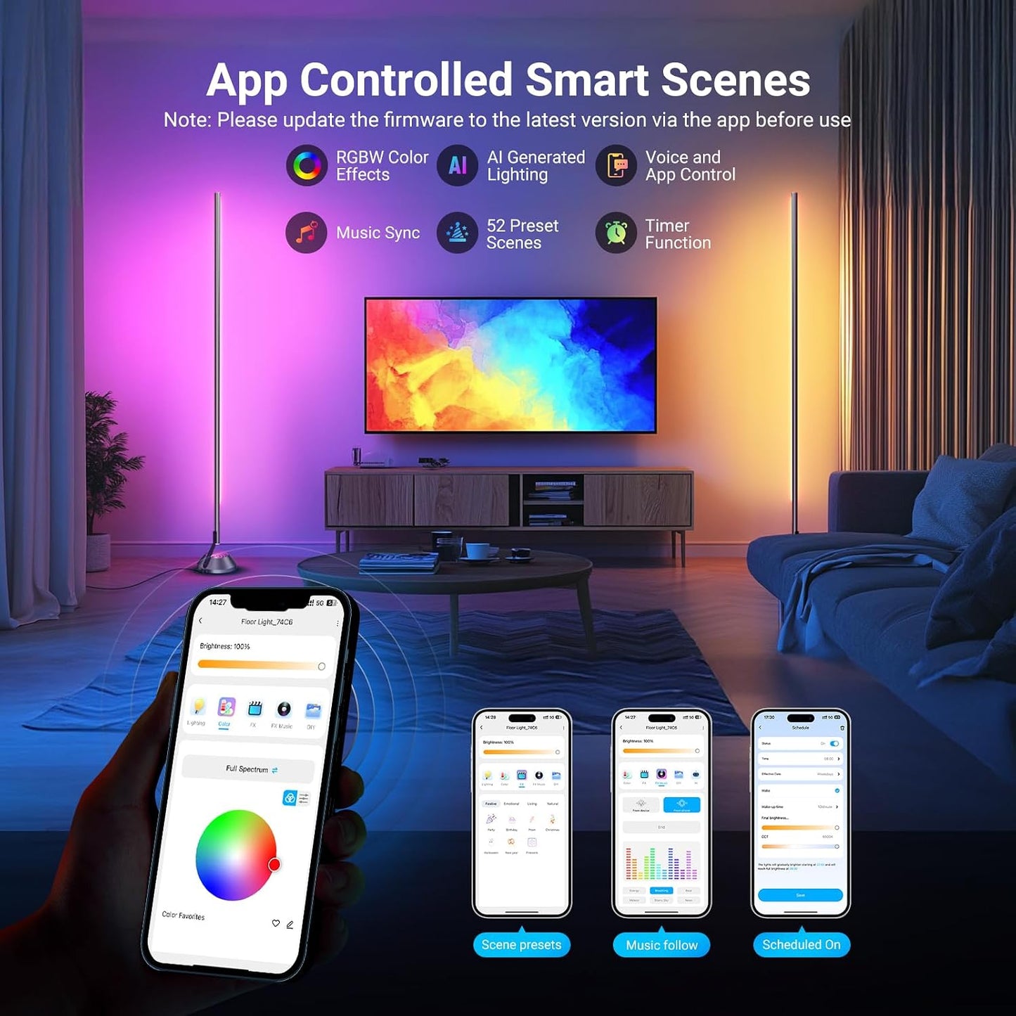 NEEWER Smart RGB IC W Floor Lamp, 1500lm LED Standing Corner Light Compatible with Alexa Google, APP Control/AI DIY/Music Sync/16 Million Colors, Ambience Lighting Bedroom Living Room Home Decor, NF01